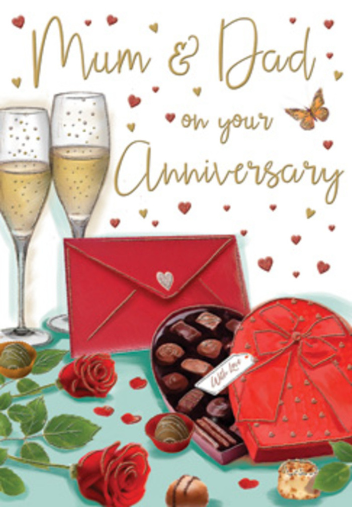 This heartfelt anniversary card illustration shows a carefully curated scene of romance and celebration, the kind that might unfold in a Chislehurst home overlooking the common. At the centre of the composition stand two elegant champagne flutes, positioned so closely their stems almost touch, symbolising companionship and unity. They are filled with sparkling golden champagne, the bubbles rising in delicate streams that catch the soft, surrounding light, creating tiny highlights along the rim of each glass. In front of them sits a heart-shaped box of chocolates, its rich red lid partially open, revealing rows of glossy truffles and pralines nestled inside. A grand satin bow crowns the box, its ribbon loops full and smooth, adding an air of luxury. A few chocolates have been placed casually around the box, as if hastily picked up and shared during a tender conversation. To the side, two deep red roses rest on the table, their velvety petals unfolding generously, framed by fresh, leafy greenery that hints at a bouquet craftily assembled by Florist Chislehurst for local delivery. The roses' intense crimson tones echo the red of the box and envelope, creating a harmonious colour palette tied together with touches of gold. Across the upper part of the card, golden and crimson hearts float and swirl, lending a playful yet romantic energy and guiding the viewer's gaze toward the lovingly written Mum & Dad greeting. A scarlet envelope, neatly sealed, sits in the foreground, its bold colour and clean edges contrasting with the organic curves of petals and ribbons. The overall lighting is warm and inviting, with a subtle glow that feels like lamplight after sunset along Chislehurst High Street, giving the image a comforting, nostalgic atmosphere perfect for commemorating shared years and memories.