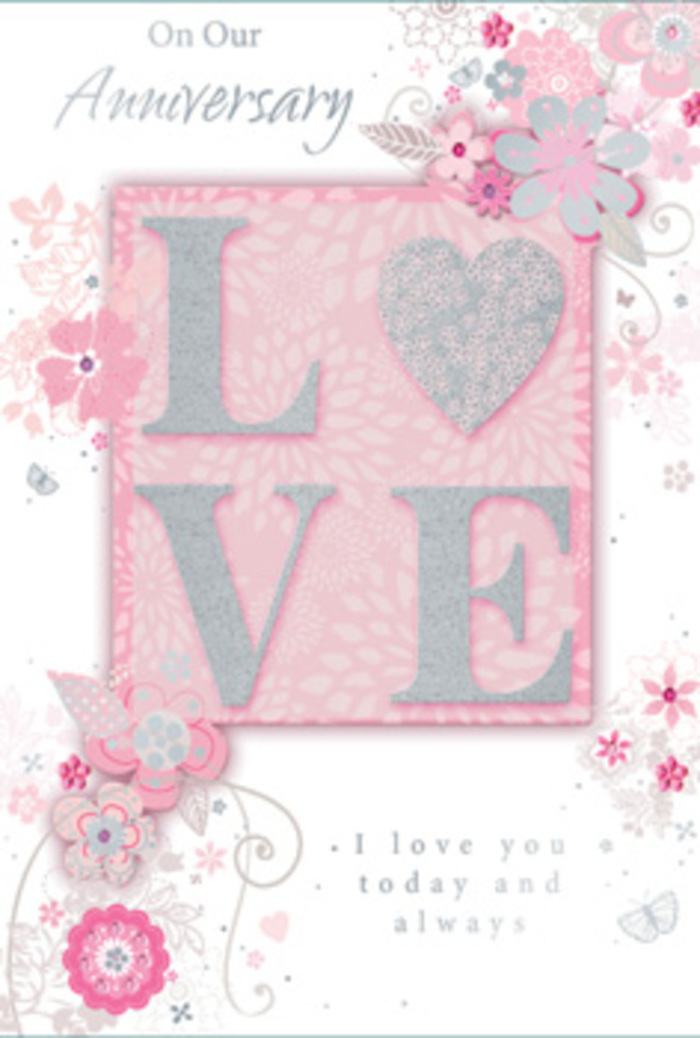 In this image, an anniversary card lies open to reveal a design that feels like stepping into a light-filled room where love is cherished every day. The central feature is the word LOVE, standing slightly raised from the card in elegant letters dusted with a frosted glitter finish. This sparkling texture catches the light gently, much like sunlight glancing off vase water on a windowsill in a Chislehurst home. The letters rest on a soft blush-pink panel that sets them apart from the paler background, adding depth and a sense of intimacy, as if the word itself has been lovingly framed. Around this focal point, wispy hand-drawn blooms and soft sprays drift across the card's surface. Their petals are tinted in whispers of pink, lilac, ivory, and warm grey, arranged with the same sensitive balance of colour and form that a skilled local florist might use when tying an anniversary bouquet for delivery near the Common or along Camden Park Road. Delicate flourishes-slender stems, tiny leaves, and fine filigree lines-curl and weave between the flowers, creating an impression of gentle motion, like a breeze moving through a summer garden. In some corners, almost-hidden butterfly shapes and tiny curls of pattern hint at the fluttering excitement of long-lasting romance. The background remains soft and pink, subtly shaded so that the design seems to glow from within rather than sitting flat on the page. Nestled among the floral motifs is a tender message, I love you today and always, written in an understated yet elegant script that feels heartfelt and sincere. The overall effect is like receiving a hand-tied bouquet translated into paper, quietly fragrant in spirit, and perfectly suited to honouring an anniversary in Chislehurst.