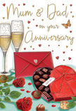 This romantic anniversary card artwork captures a warm, celebratory moment that feels as if it could be unfolding in a Chislehurst sitting room just after an evening meal. Two tall, graceful champagne flutes sit at the centre, filled with gently fizzing golden champagne, each glass reflecting a soft, ambient light that suggests a cosy, lamplit setting. The fine bubbles rise slowly, giving a sense of paused anticipation, as though the toast between partners is just about to begin. Placed before them is a heart-shaped chocolate box in a striking shade of red, wrapped with an opulent satin bow that spills over the edges in smooth, rounded folds. The lid is propped open, revealing an inviting assortment of chocolates, their glossy surfaces catching the light, with a few pieces resting loosely on the tabletop to suggest spontaneous sharing. To the side, two luxurious red roses lie on the table, their velvety petals rich and full, framed with fresh green leaves as if freshly chosen from a local florist along Chislehurst High Street. Their deep crimson hue adds a romantic focal point, grounding the scene in classic floral elegance. Floating around the composition are small gold and crimson hearts, arranged in a gentle drift that guides the eye towards a handwritten Mum & Dad greeting, emphasising the card's role in celebrating a long-lasting partnership. A bright scarlet envelope, carefully sealed, sits nearby, hinting at personal, affectionate words tucked inside. The overall tone of the illustration is warm and intimate, with a golden cast to the light that feels reminiscent of a quiet evening stroll around the woods and ponds of Chislehurst, making this card an evocative tribute to enduring love and shared history.